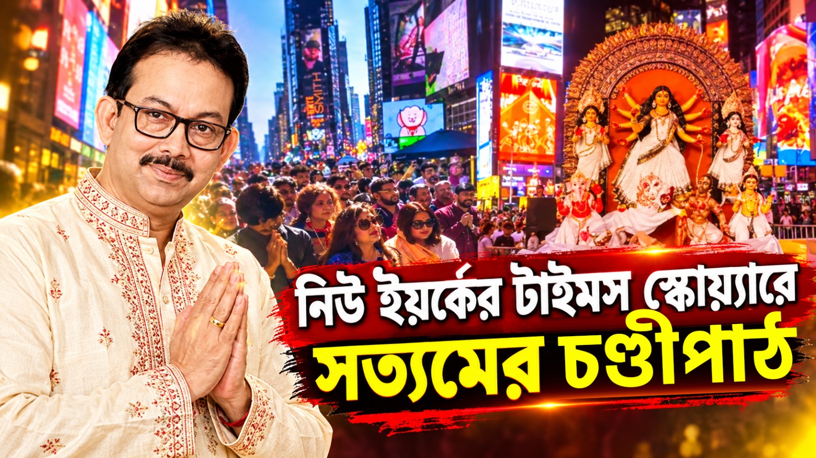 নিউ ইয়র্কের টাইমস স্কোয়্যারে মহালয়া-দুর্গোৎসব, চণ্ডীপাঠ করবেন সত্যম