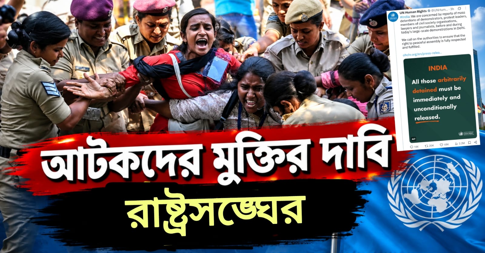 শান্তিপূর্ণ প্রতিবাদের অধিকার রক্ষার আর্জি!দিল্লিতে আটক আন্দোলনকারীদের নিঃশর্ত মুক্তির দাবি রাষ্ট্রসঙ্ঘের