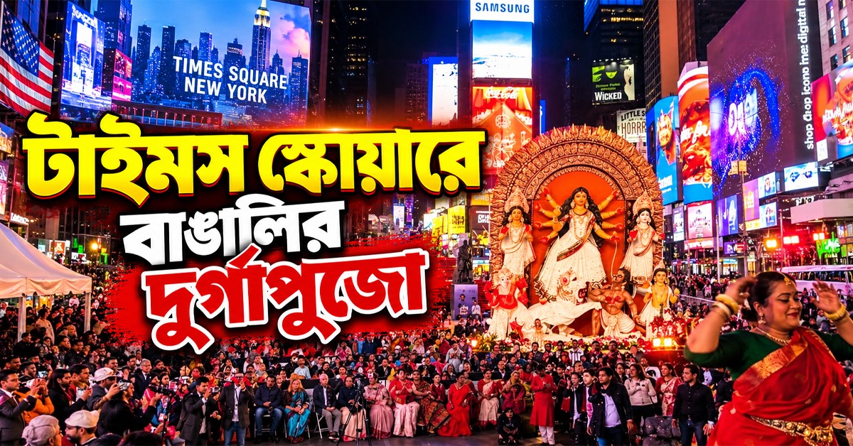 আমেরিকায় মিনি কলকাতা! টাইমস স্কোয়ারের চোখ ধাঁধানো আলোয় মেতে উঠল বাঙালির দুর্গাপুজো
