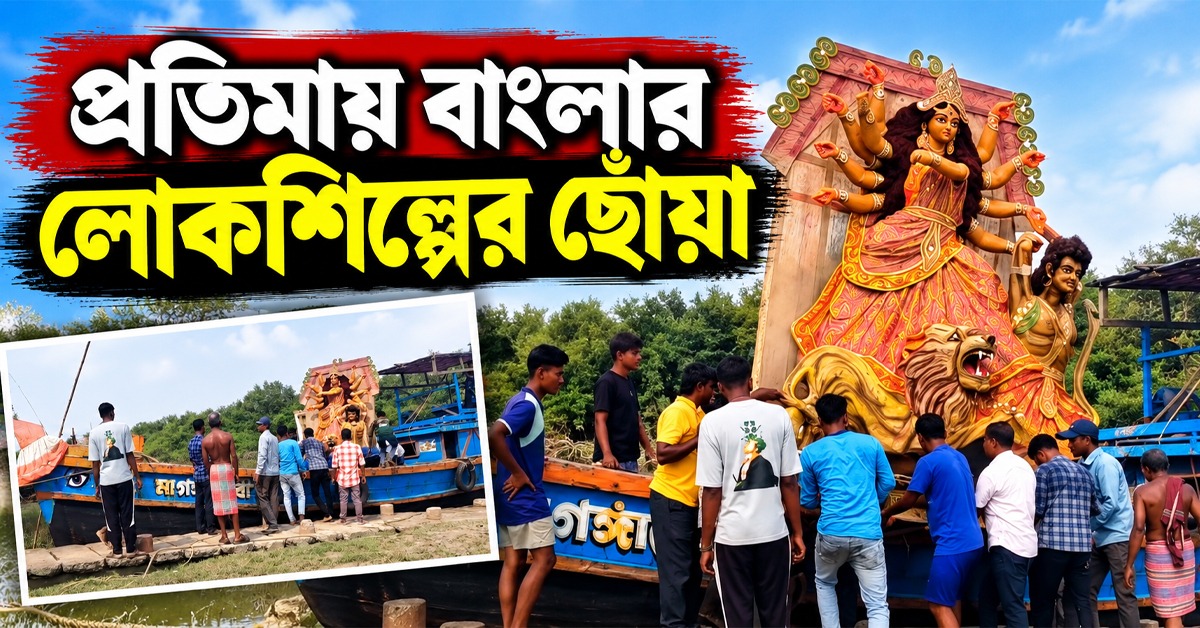 জলপথ পেরিয়ে গঙ্গাসাগরে দুর্গা! চটের তৈরি প্রতিমায় বাংলার লোকশিল্পের ছোঁয়া